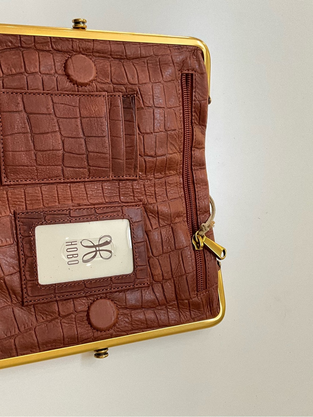 HOBO Lauren Brown Croc Embossed Leather Kiss Lock Frame Clutch Wallet NWT - Picture 8 of 12
